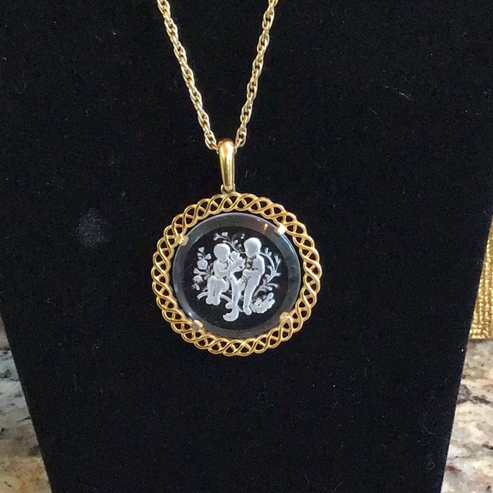Trifari Crowned Gemini Twins Vintage Etched Medallion and Necklace